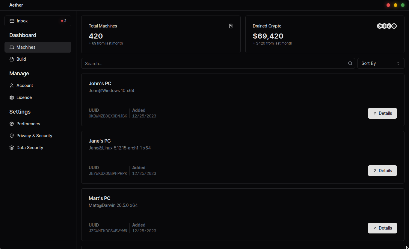 A screenshot of the Aether dashboard